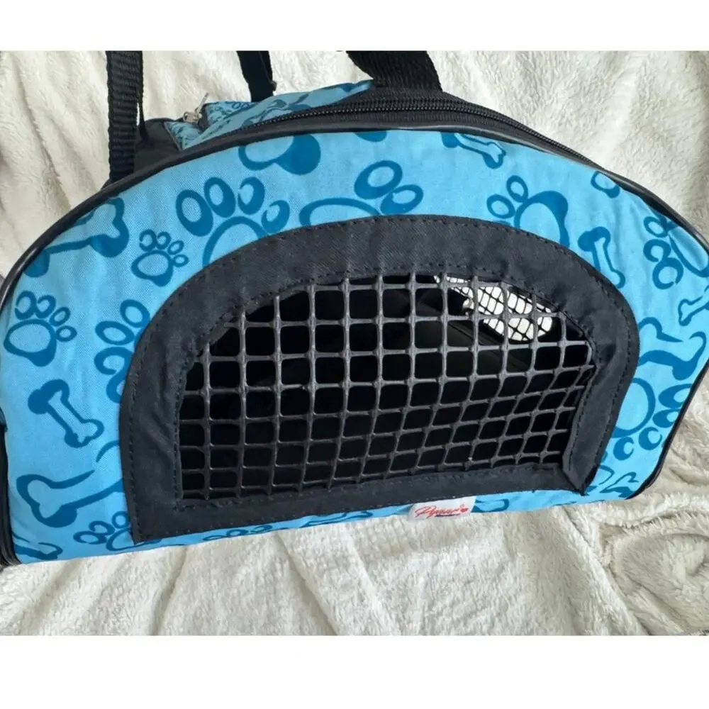 Pyaar Small Pet Carrier Blue Paw Print Mesh Travel Bag Dog/Cat 14 Inch